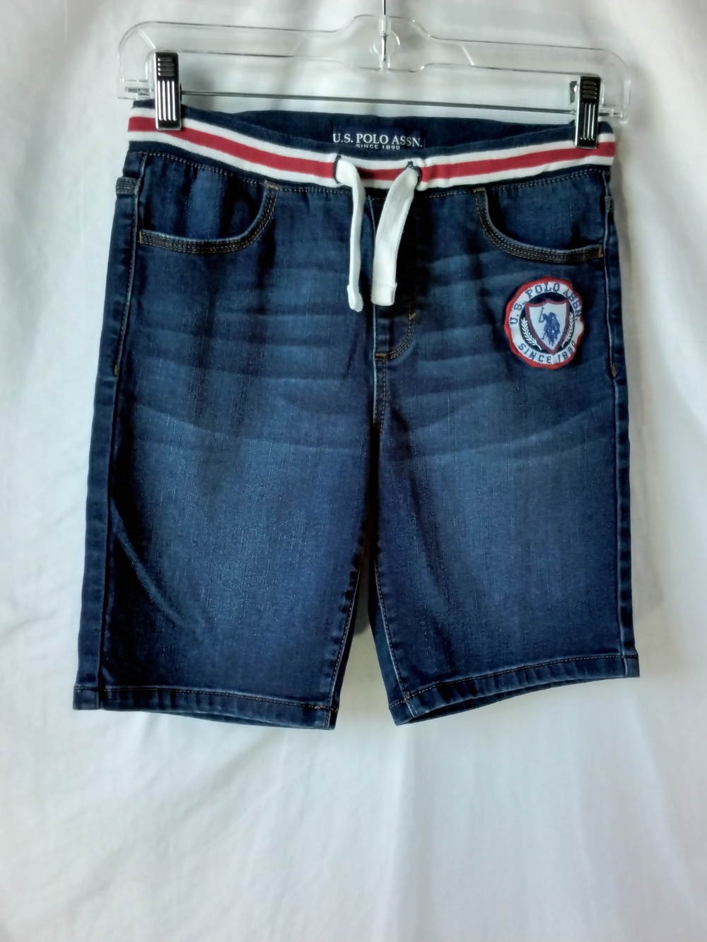 U.S. Polo Assn. Navy Denim-Look Drawstring Kids Shorts with Red & White Trim - Picture 1 of 7